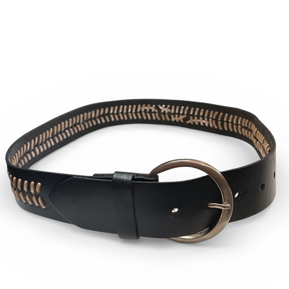 Black CasualGenuine Leather Whipstitch Belt Metallic Detail Small